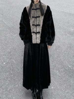 Grey black faux fur chinese coat set bamboo leaf velvet skirt traditional hanfu winter outfit for women front view