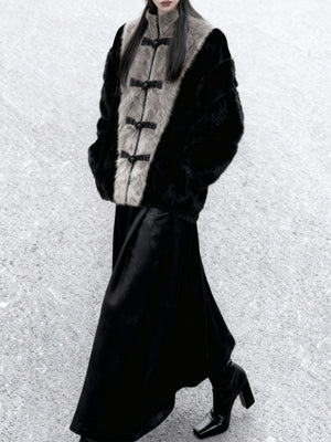 Grey black faux fur traditional chinese coat bamboo leaf velvet skirt hanfu winter outfit for women back view