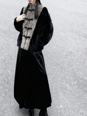 Grey black faux fur and bamboo velvet hanfu set traditional chinese winter coat and skirt outfit fabric and texture detail