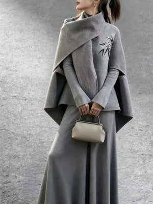 Grey Wool Cape Set – Short Cloak Jacket & Knit Dress | Soft Relaxed Fit - Yandan_Hanfu