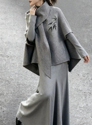 Grey wool relaxed fit cape set short cloak jacket and knit dress for women winter fabric and wool detail