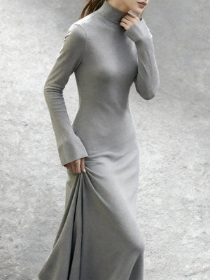 Grey wool short cloak and knit dress set soft relaxed fit cape jacket for women back view