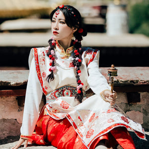 Hibiscus xizang traditional red tibetan princess vest noble ethnic wear for daily and festivals back view