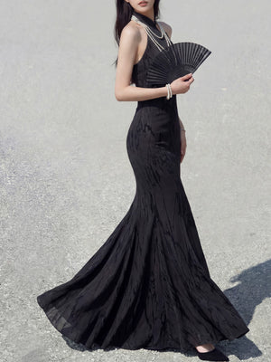 Holiday dark versatile outfit black cheongsam fishtail skirt with chiffon open-sleeve coat and cloud temples hairpin