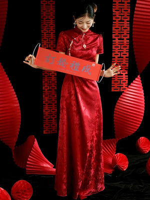 "Kite Butterfly" White Jacquard Cheongsam Bridal Toast Dress Engagement Dress - Yandan_Hanfu