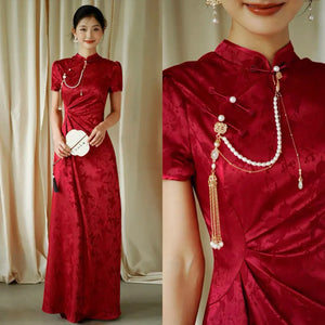 "Kite Butterfly" White Jacquard Cheongsam Bridal Toast Dress Engagement Dress - Yandan_Hanfu