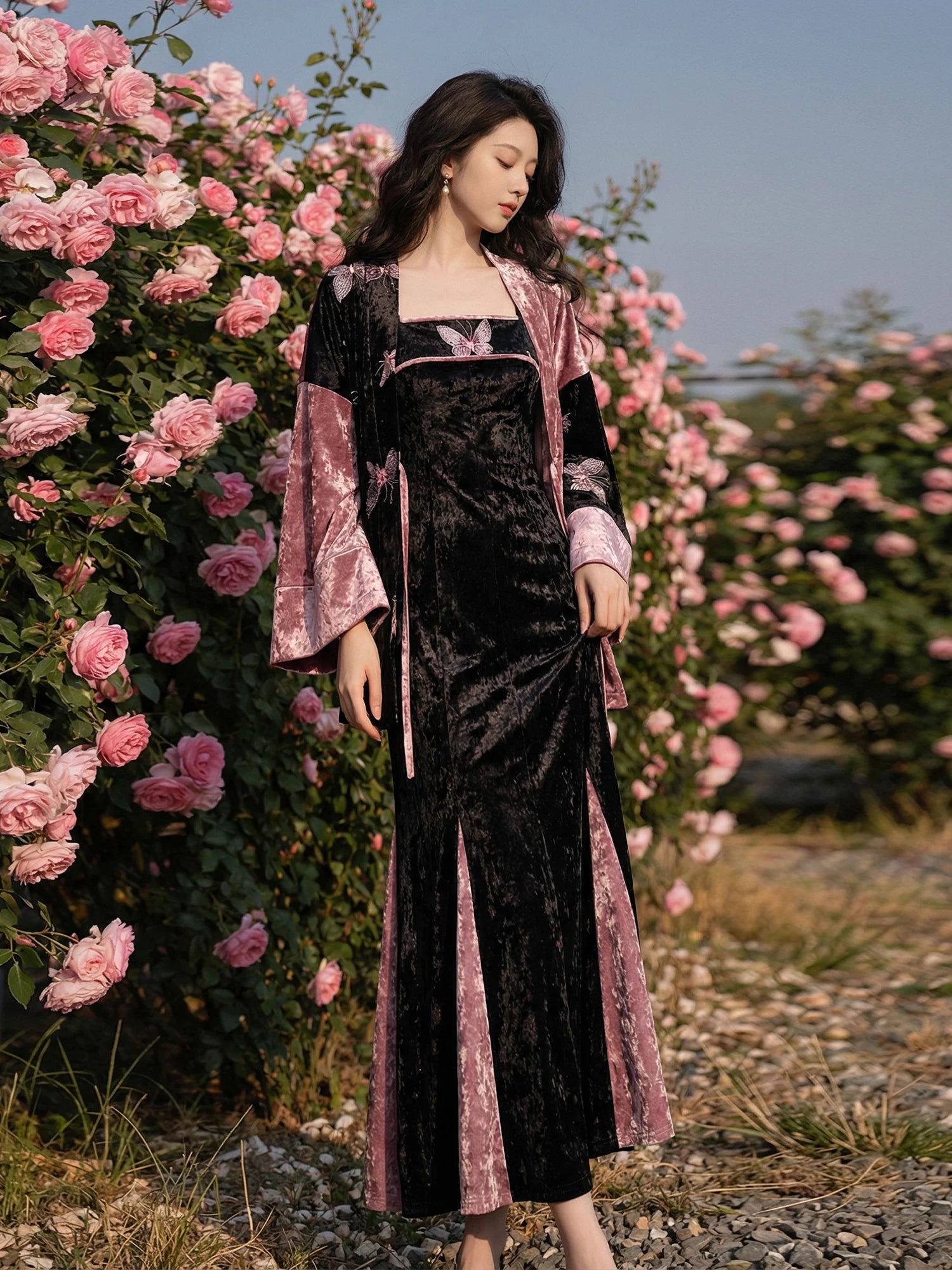 Improved commuter hanfu jin made han element dress annual meeting robe qixiake butterfly velvet for women front view with elegant drape