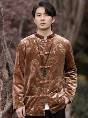 Improved men velvet tang suit jacket new chinese style mao suit top side view for daily wear