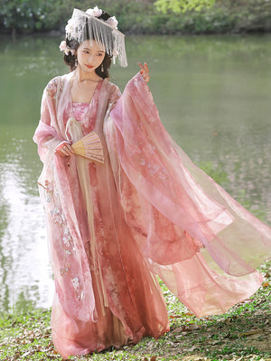 Jade art spring summer fairy hanfu moon cutting cherry large sleeve shirt suspender heavy industry embroidery girl