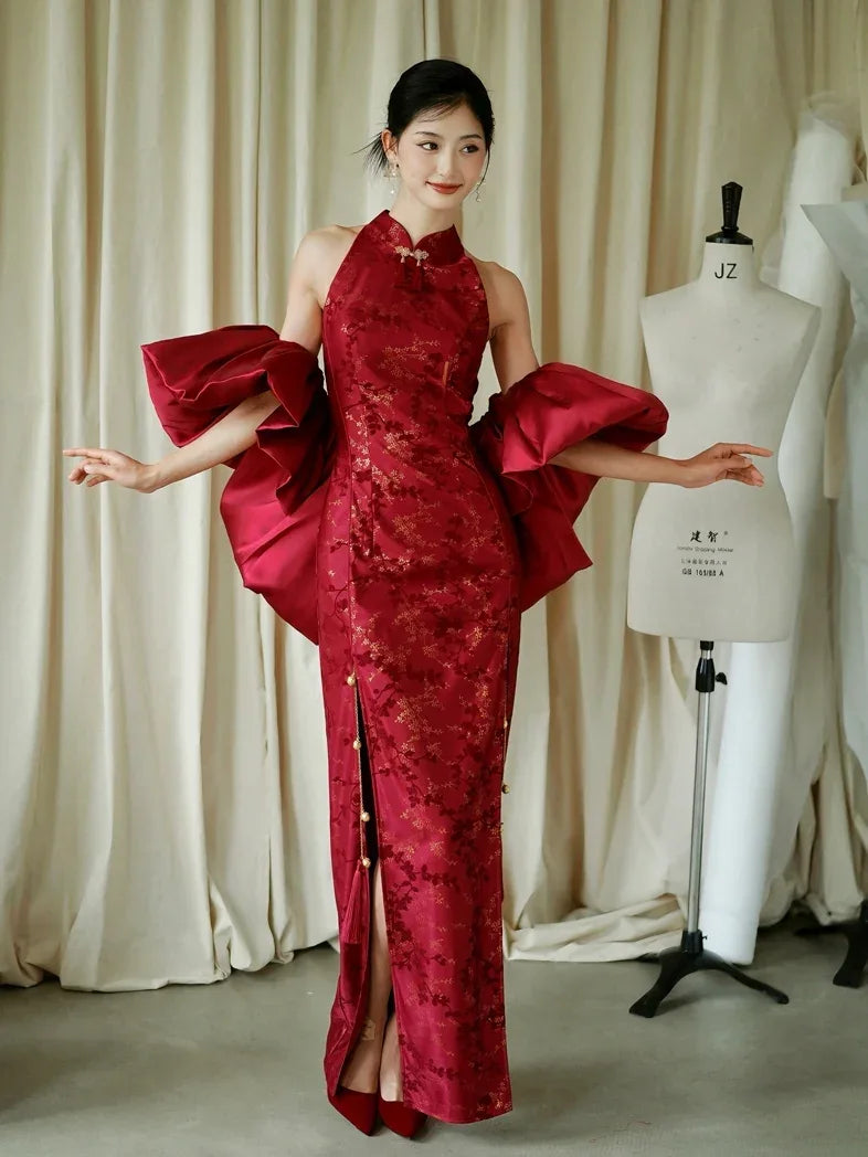 Red Cheongsam Wedding Dress - Traditional Chinese Bridal Qipao for Engagement Zhixi Shawl (Single Shawl) / M Red Cheongsam Wedding Dress - Traditional Chinese Bridal Qipao for Engagement Zhixi Shawl (Single Shawl) / M