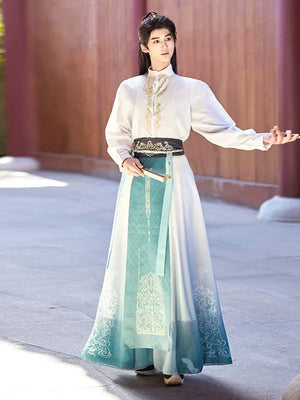 Junlin xianxia inspired hanfu set unisex flowing wide sleeve outfit for spring and summer for all fabric detail