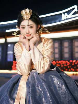Korean princess blue yanji court hanbok traditional royal palace dress for formal events full length