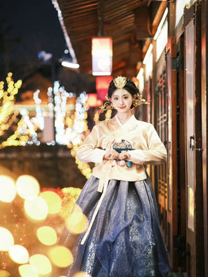 Korean royal blue yanji princess court hanbok traditional palace dress for women standing front