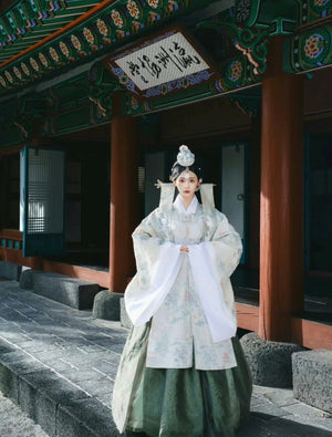 Korean traditional court white green hanbok dress