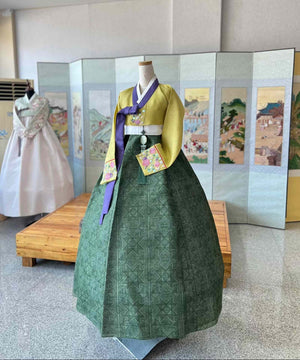 Timeless hand embroidered korean hanbok yellow and green traditional silhouette dress