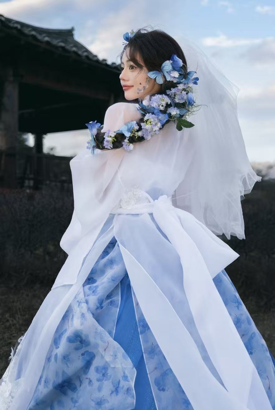 Korean traditional white blue hanbok one size dress