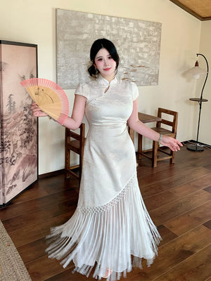 Large size new chinese temperament slim tassel splicing cheongsam skirt national style jacquard waist dress