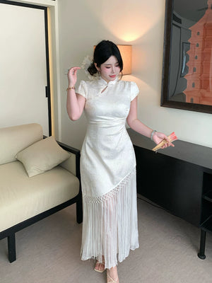 Large size slim cheongsam skirt new chinese temperament tassel splicing national style jacquard waist dress