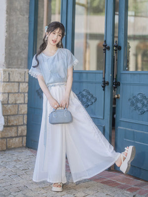 Light blue butterfly sleeve modern hanfu white high waist wide leg pants casual elegant daily outfit set for women back view