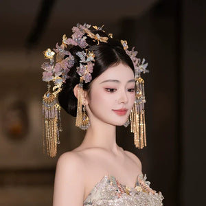 Light toned elegant bridal hairpin set chinese floral headpiece for hanfu and qipao look flower detail