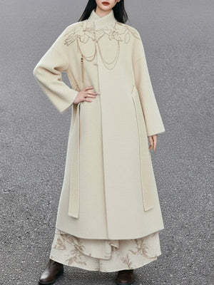 Lily whisper everyday elegance coat white long ivory embroidered warm high neck outerwear for women fabric and embroidery detail