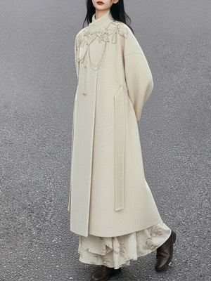 Lily whisper ivory embroidered warm coat white long high neck outerwear for everyday elegance women back view