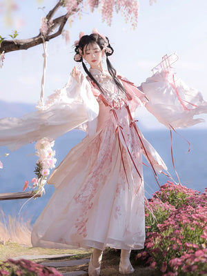 Lolita hanfu set pink white sheer wide sleeve outer robe and lace up mini skirt with tassel belt sakura fairy style for women front view