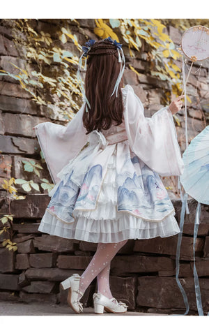 Lolita lingyin fu vintage chinese dress long sleeved ancient style lolita outfit for spring autumn fabric and lace detail