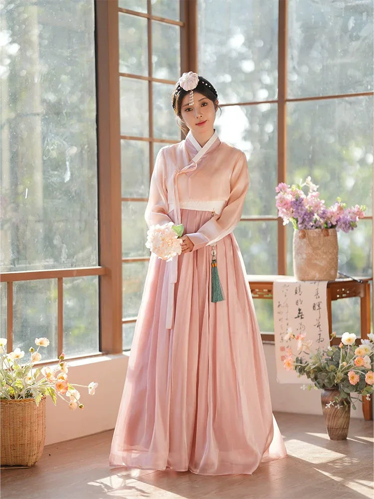 Pink Hanbok Dress - Lotus Root | Elegant Korean Wear Lotus Root Pink (top + suspender skirt + jade pendant) / M Pink Hanbok Dress - Lotus Root | Elegant Korean Wear Lotus Root Pink (top + suspender skirt + jade pendant) / M