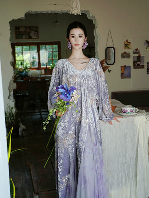 Luxury modern oriental heavy silk velvet gown intricate hand beaded and sequined embroidery dress standing front