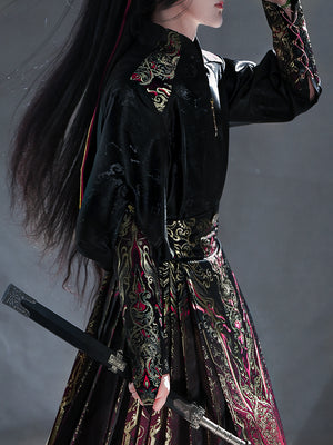 Luxury red gold brocade horse face skirt traditional chinese embroidered hanfu ensemble for women standing front