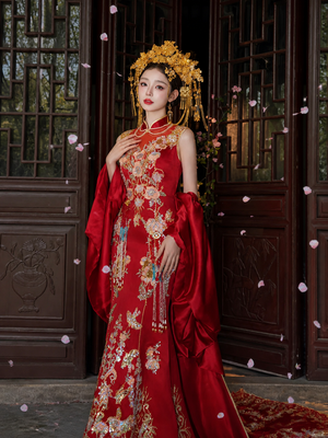 Luxury trailing cheongsam show clothes bridal wedding shawl engagement dress dinner dress for bride front view