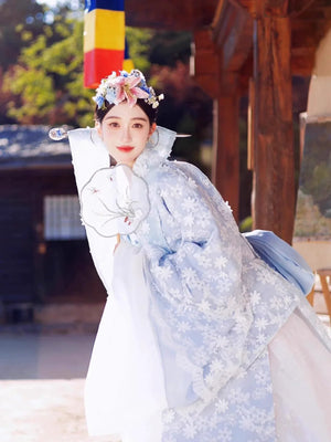 Luxury white blue korean palace dress hanbok bridal photography outfit