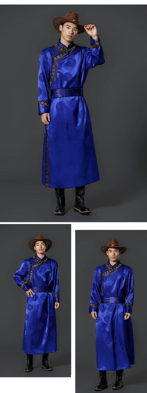 Men ethnic mongolian robe traditional long style costume for daily wear and cultural stage performance full length view