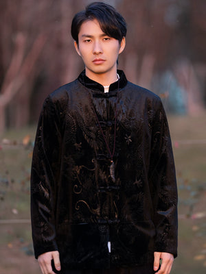 Men new chinese improved velvet tang suit jacket traditional mao suit style top standing front