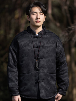 Men red tang suit cotton padded jacket traditional chinese winter coat for comfort fabric texture detail