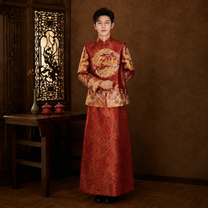 Men xiuhe wedding suit red gold dragon phoenix embroidered long sleeve mandarin collar groom outfit traditional chinese wedding for men front view