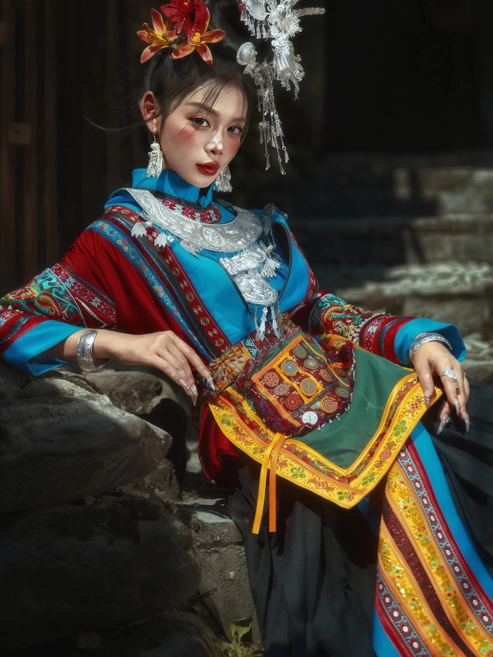 Miao ethnic costume tujia minority dress for stage performance and travel photoshoot women front view with traditional silver ornaments