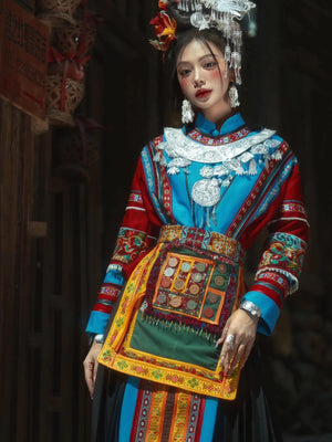 Miao minority traditional costume tujia ethnic dress for cultural stage performance and travel photoshoot standing front