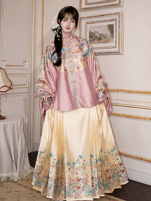 Ming dynasty elegant brocade hanfu set traditional jacket and mamian skirt for women daily wear back view