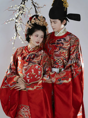 Ming dynasty hanfu wedding dress red imitation flower couple style round collar python robe traditional wedding dress for men and women front view