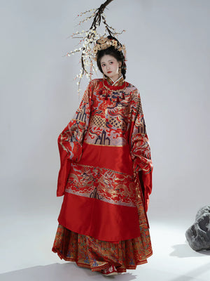 Ming dynasty traditional wedding dress red imitation flower round collar python robe couple style hanfu for men and women back view
