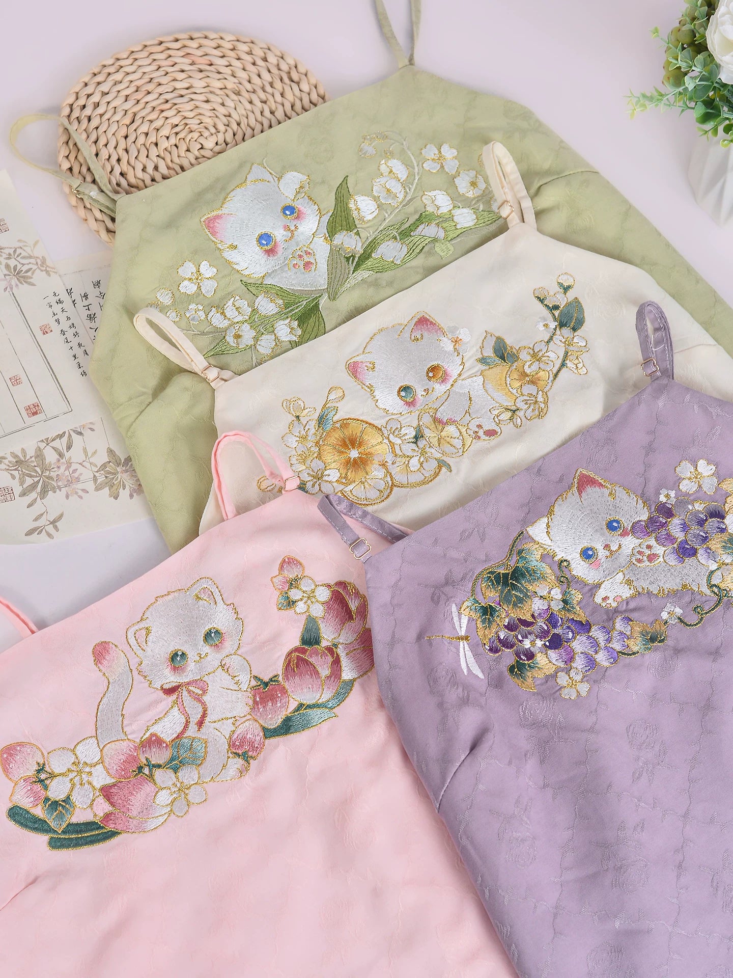 Miss cat hanfu embroidered sling top cat print camisole vest national style daily wear for women front view