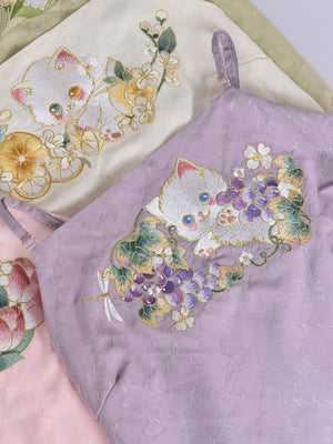 Miss cat traditional hanfu inspired sling top embroidered cat print camisole vest for national style everyday outfit fabric detail
