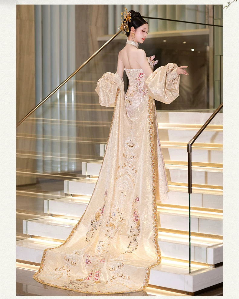 Champagne Silk Mermaid Wedding Dress with Train | New Chinese Style Bridal Gown Champagne Aura / M Champagne Silk Mermaid Wedding Dress with Train | New Chinese Style Bridal Gown Champagne Aura / M