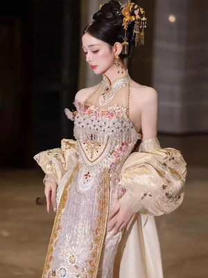Misty river traditional chinese hanfu song dynasty inspired embroidered beizi and matching pleated skirt set back view