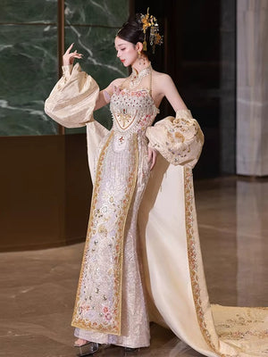 Misty river women song style hanfu floral embroidered beizi and pleated skirt set for daily commuting fabric detail