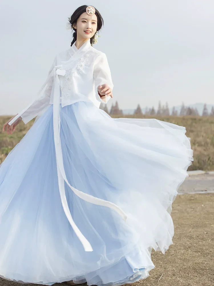Modern Blue Hanbok Set Spring/Summer Korean Outfit for Daily Wear & White / 3XL Modern Blue Hanbok Set Spring/Summer Korean Outfit for Daily Wear & White / 3XL