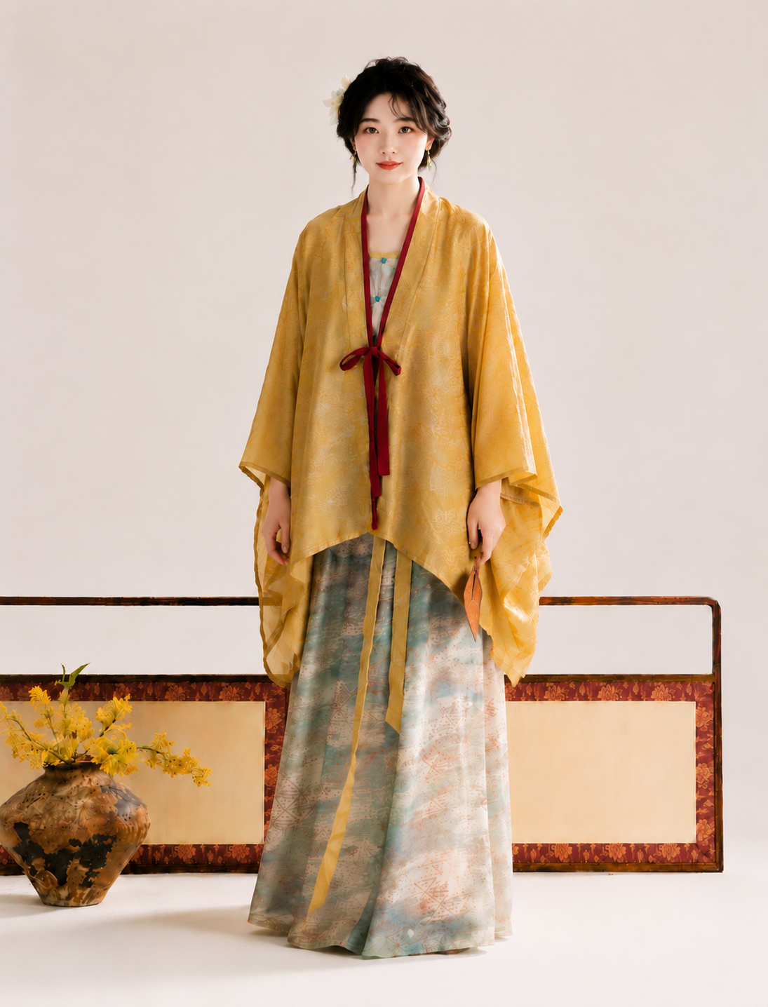 Modern hanfu mustard yellow tang dynasty cardigan wide sleeve sun protection top and printed wide leg pants daily commute summer for women front view