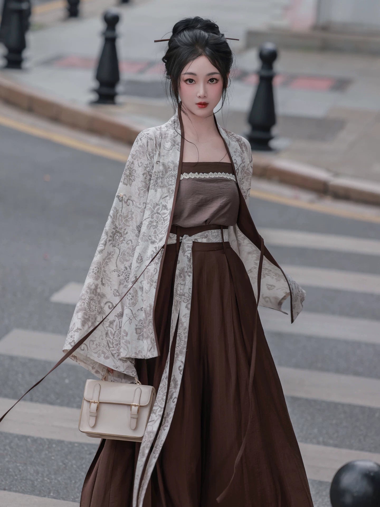 Modern hanfu set floral wide sleeve cardigan robe and dark brown tube top mini skirt vintage streetwear chinese style for women front view